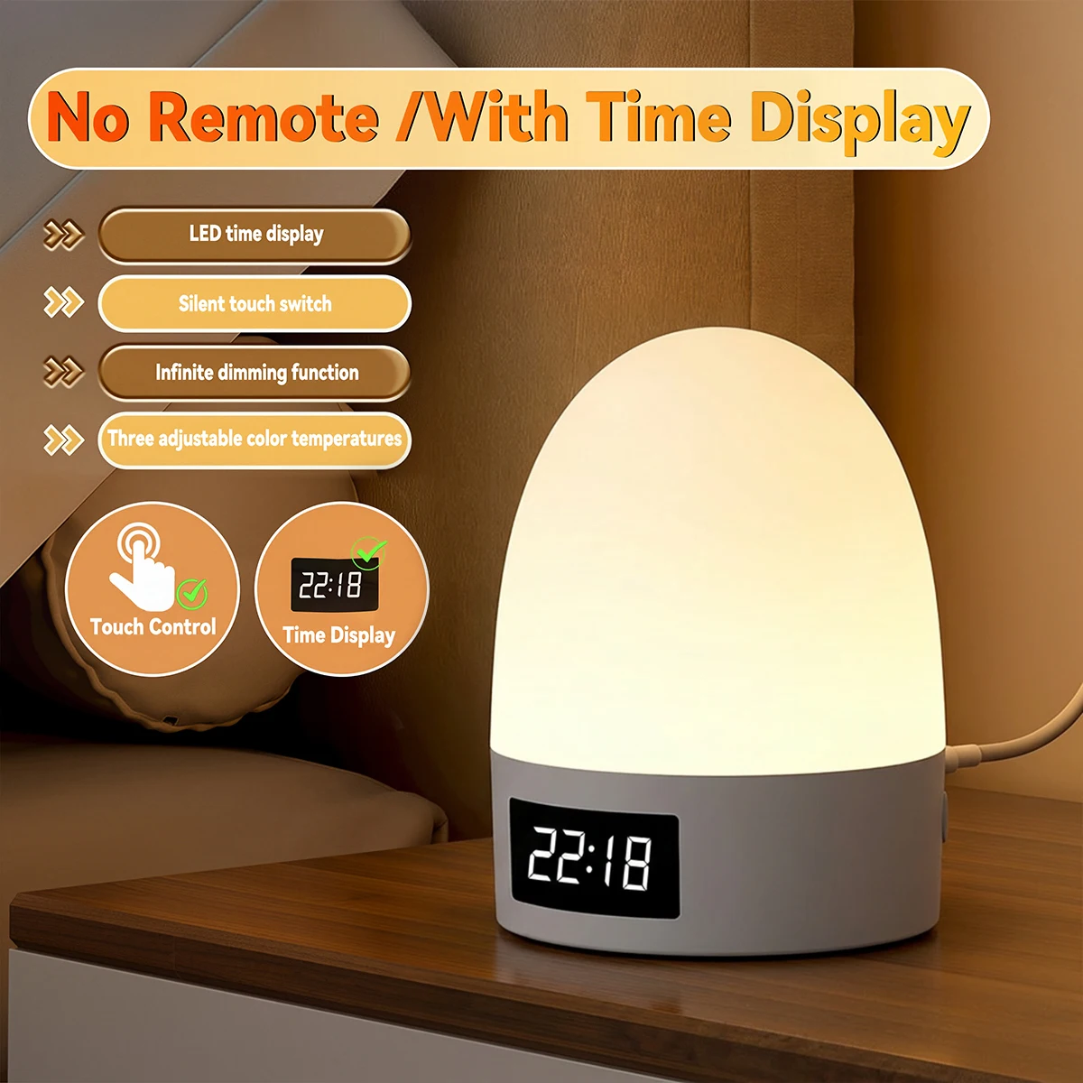 USB Rechargeable LED Night Light with Clock - Dimmable 3-Color Soft Glow and Remote Control