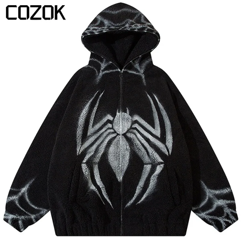

Winter Fleece Jacket Men Hip Hop Harajuku Streetwear Zipper Hooded Coat Unisex Spider Web Graphic Oversize Jacket Black 2023