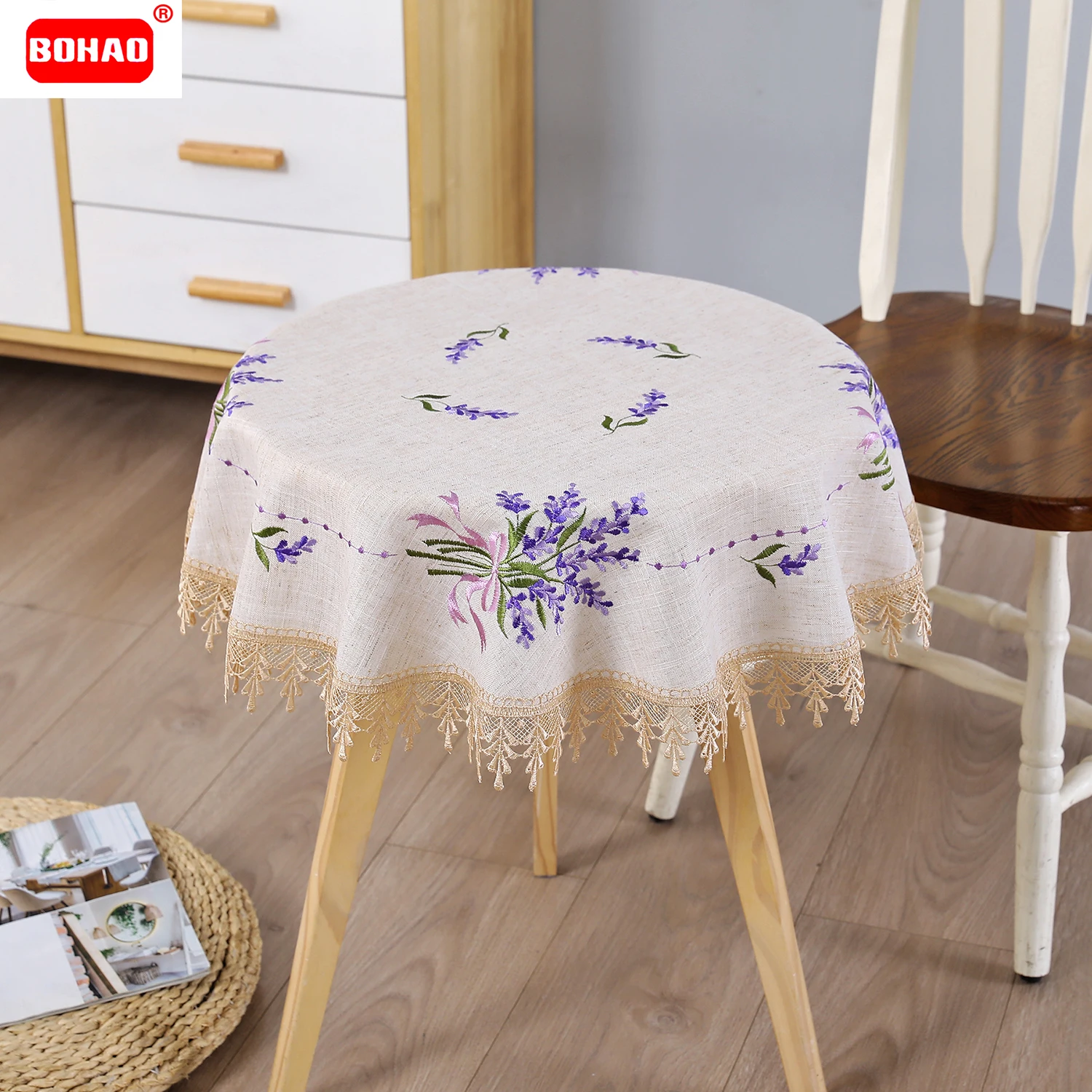 

BOHAO Lace Tablecloth Luxury Wedding Kitchen Party Lavender Round Table Cloth Linen Tablecloths For Wedding Party Decoration