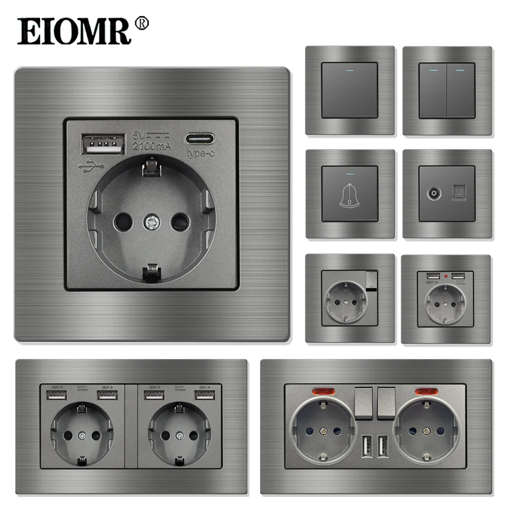 EIOMR F6 Series สีเทาแผงอลูมิเนียมสวิทช์ไฟ EU ไฟฟ้า 86 มม.ซ็อกเก็ตเดี่ยว 146 มม.Outlet USB Wall ซ็อกเก็ตทีวี 1