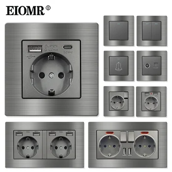 EIOMR F6 Series สีเทาแผงอลูมิเนียมสวิทช์ไฟ EU ไฟฟ้า 86 มม.ซ็อกเก็ตเดี่ยว 146 มม.Outlet USB Wall ซ็อกเก็ตทีวี 1