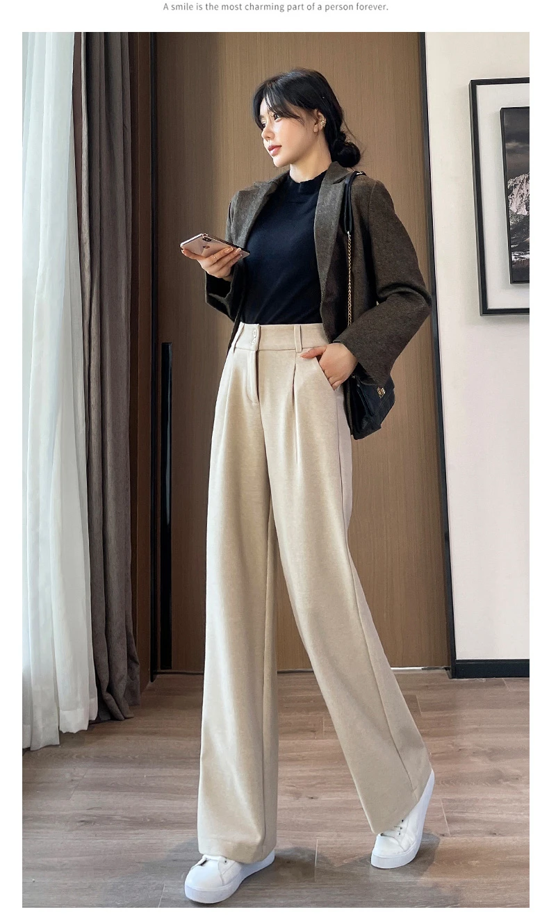 2024 delle Donne di Autunno Inverno Nuovo di Lana Pantaloni a gamba larga Femminile A Vita Alta Pantaloni Dritti Delle Signore Allentati Caldi Pantaloni Casuali L403 3