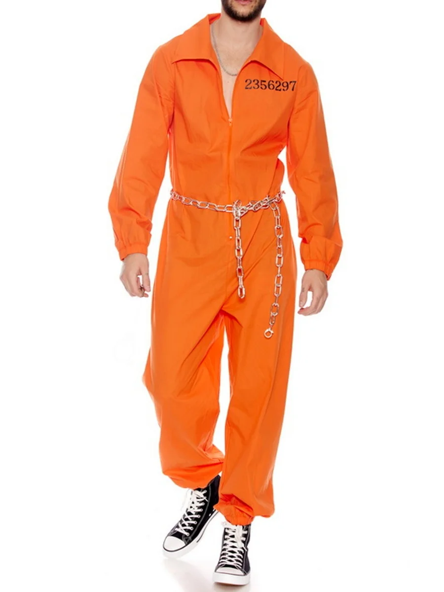 Halloween Mens Orange Prisoner Costume Jail Costumes Long Sleeve Prison Jumpsuit Adults Inmate Role-Playing Party Cosplay Outfit