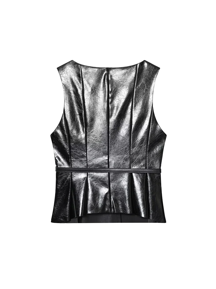 2026 New Women Slim PU Tank Tops Chic Faux Leather Sleeveless Back Zipper Vest With Belt Street Style Sexy Female Tank Tops