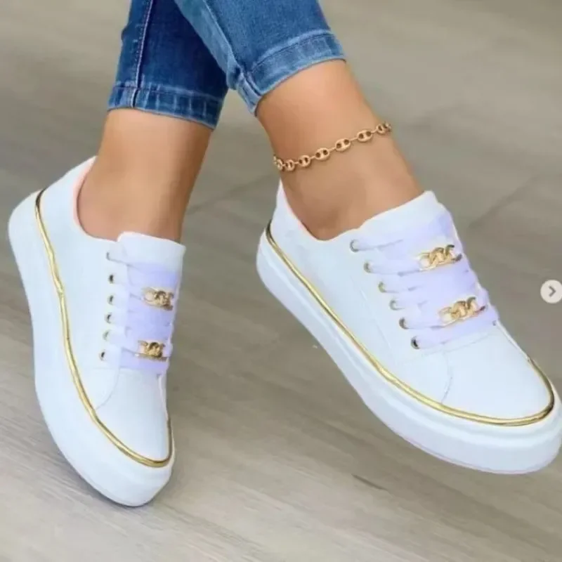 2023 Lace-Up Walking Ladies Vulcanize Shoes Women Sneakers Fashion Chain Leather Round Head Platform Sports Shoes  Zapatos Mujer