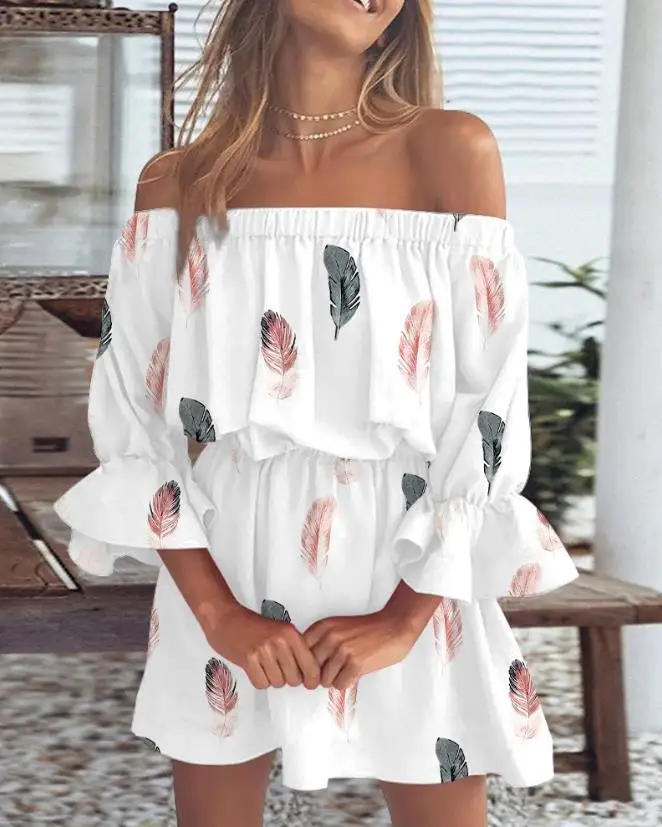 

Women's Dress 2024 Spring/summer Latest Casual Chic Feather Print Off Shoulder Bell Sleeve Mini Dress Graphic Vacation Skirt