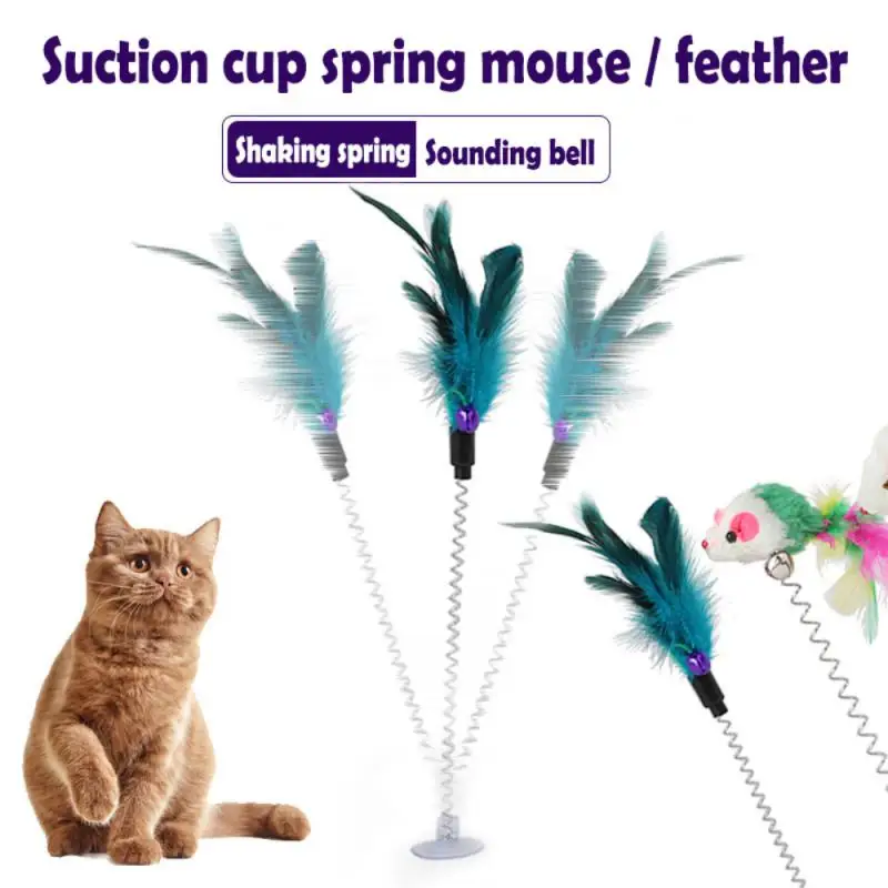 Spring Cats Toy Funny Interactive Suction Spring Pets Toy Elastic Interesting Colorful Mouse Feather Bottom Sucker Cat Supplies