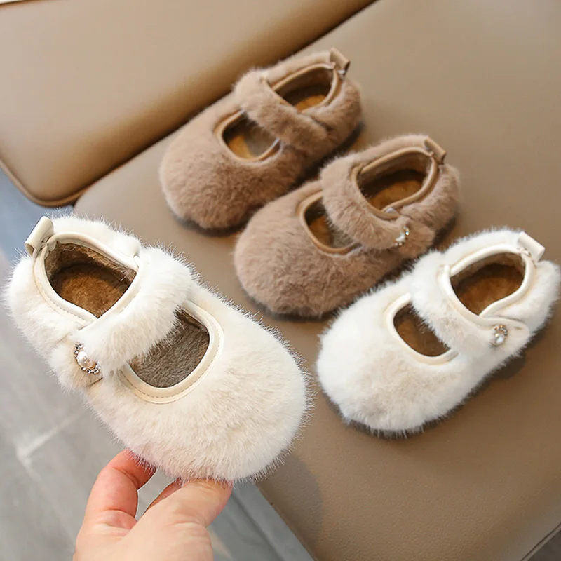 

Luxury Manmade Mink Fur Ballet Flats for Baby Girls Winter Warm Loafers Kids Thick Plush Mary Jane Shoe With Rhinestone Buckles