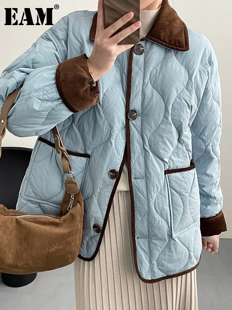 

[EAM] Blue Color-block Big Size Cotton-padded Coat Lapel Long Sleeve Women Parkas Fashion Tide New Autumn Winter 2024 1DH2651