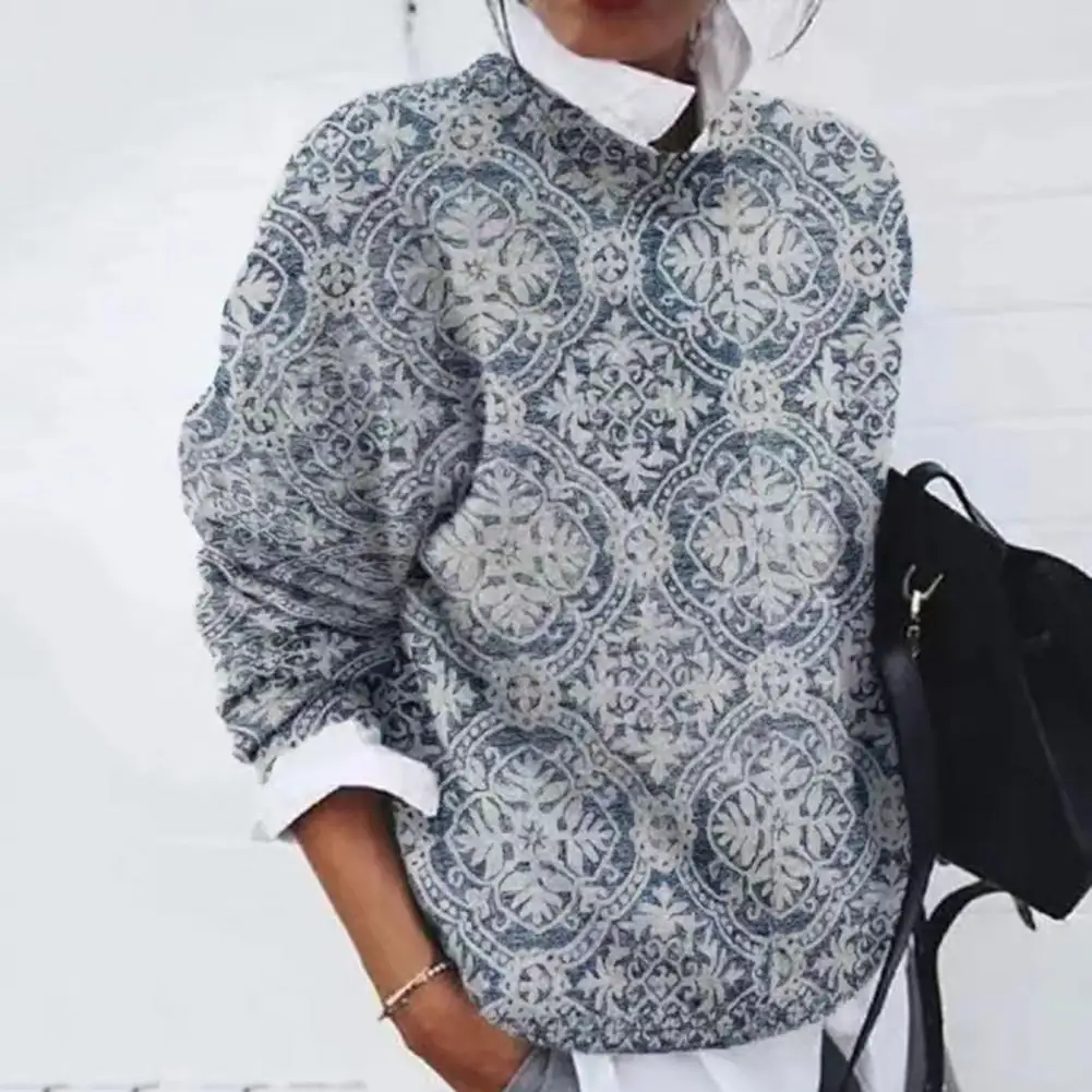 

Anti-wrinkle Pullover Vintage Print Ladies Sweatshirt Soft Breathable Pullover for Fall Spring Loose Fit Colorfast Blouse Top