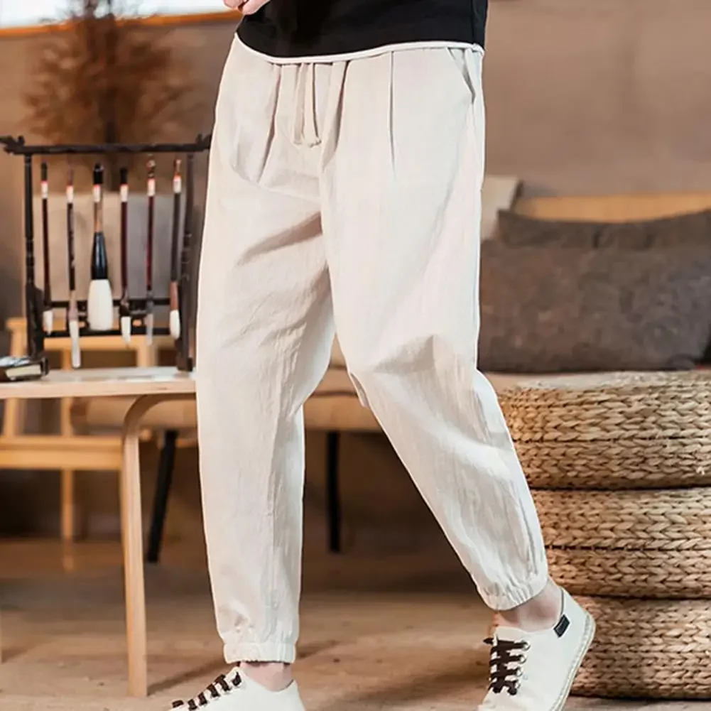 

Chinese Style Men's Casual Pants Spring and Summer Loose Trendy Bound Cotton and Linen Harun Pants Male Fitting Cropped Pants