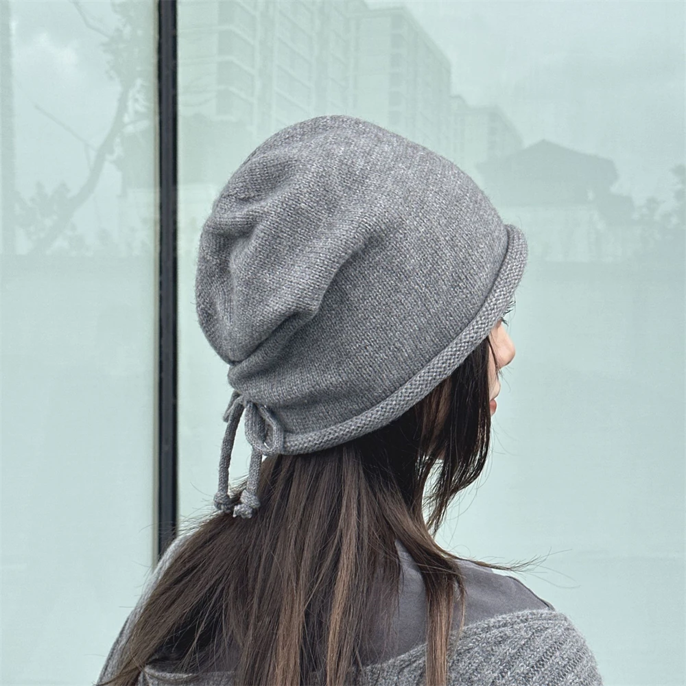 

Women Slouch Beanies Skullies High Quality Female Solid Knit Beanie Hat Crimping Hem Drawstring Girl Winter Warm Bonnet Outdoor