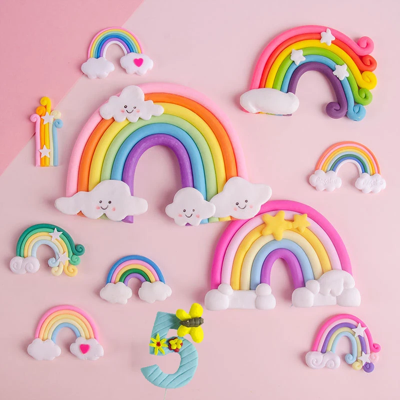 1Pc Rainbow Soft Clay Cake Topper Cupcake Decor Baby Shower One 1St Happy Birthday Party Decor Kids Girl Boy Forniture Da Forno