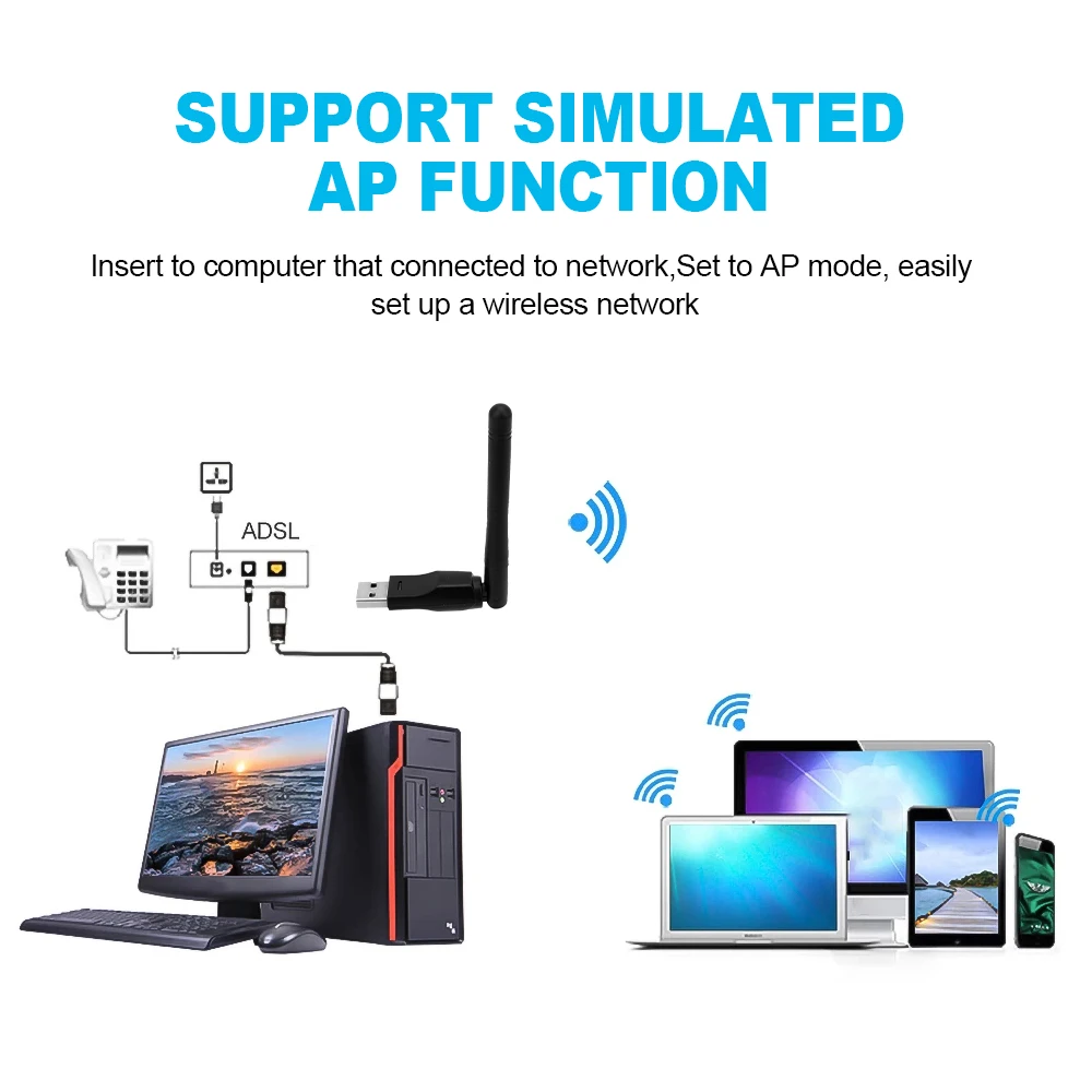 150Mbps WiFi 무선 네트워크 카드 2.4GHz USB 2.0 어댑터 802.11 b /g/n, 안테나 칩셋 포함 Ralink 8188ETV, 노트북 PC 용