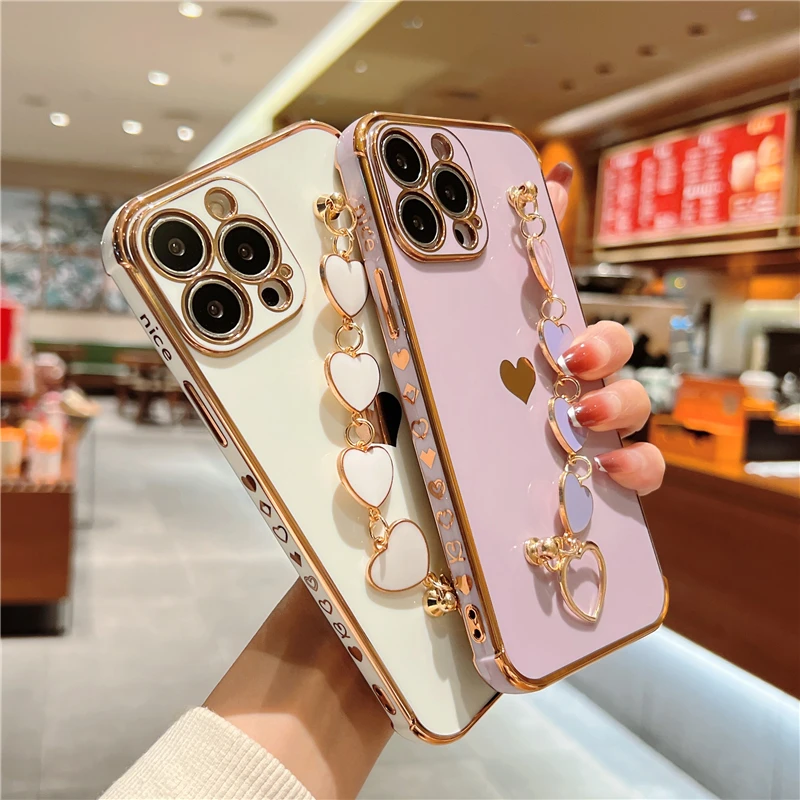 

Plating Bracelet Case For iPhone 14 13 12 11 Pro Max XS X XR 8 7 Plus SE 2020 iPhone14 14Pro Soft Silicone Love Heart Full Cover