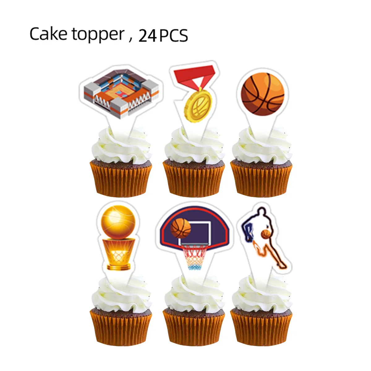 24-Piece Glitter Basketball Cupcake Toppers - Sports Theme Party Decorations & Baby Shower Supplies