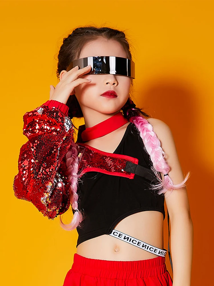 Jazz Costume Girls Hip Hop Dance Clothes Cool Sequin Tops Overalls Pants Red Stage Performance Outfit For Kids Wear BL5891