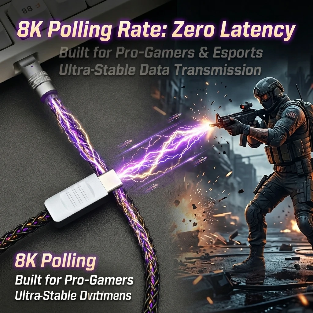 8K 폴링 레이트 기계식 키보드 USB C 케이블 RGB 발광 브레이디드 타입-C 충전 케이블 (아이폰 15, 16, 17, 카플레이용)