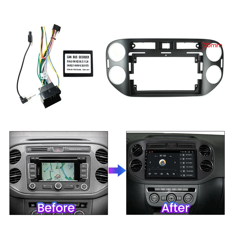 NaviFly 차량용 라디오 멀티미디어 플레이어 패널 프레임, VW Tiguan DVD 스테레오 패널, 와이어링 하네스 전원 코드, 버스 장착 키트