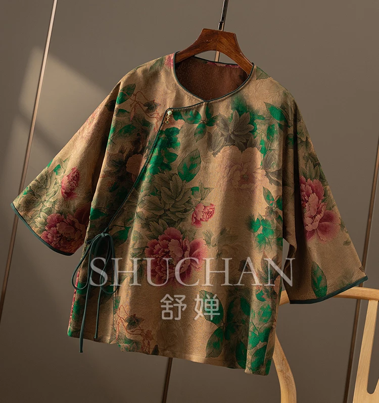 New Chinese Style 2024 Red Cloud Gauze Shirt for Women 100% Natural Silk Blouses for Women Fashion