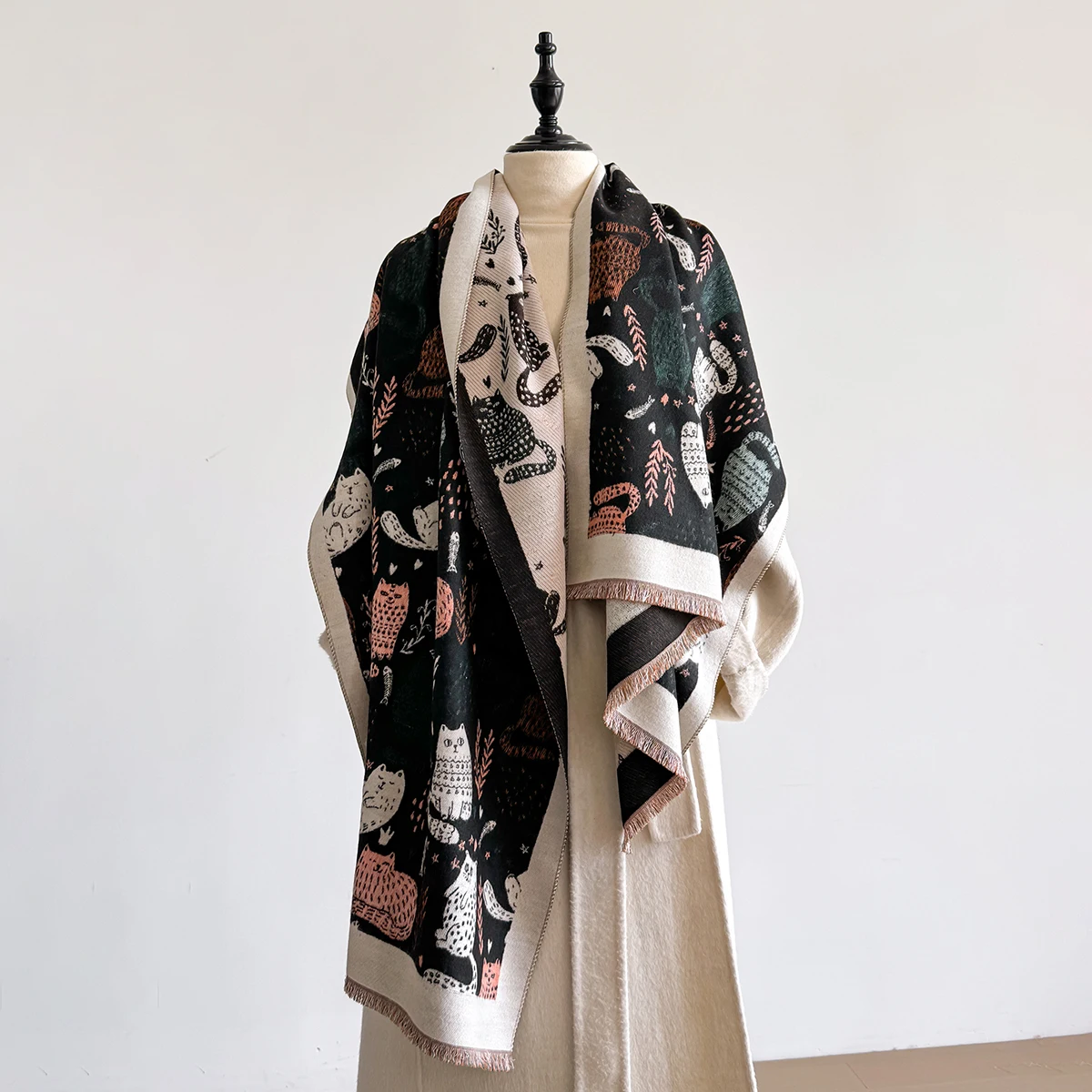 2025 Luxury Cat Print Cashmere Scarf Women's Winter Double-Sided Thick Warm Female Shawl Scarf Pashmina Scarves Hijab Stoles