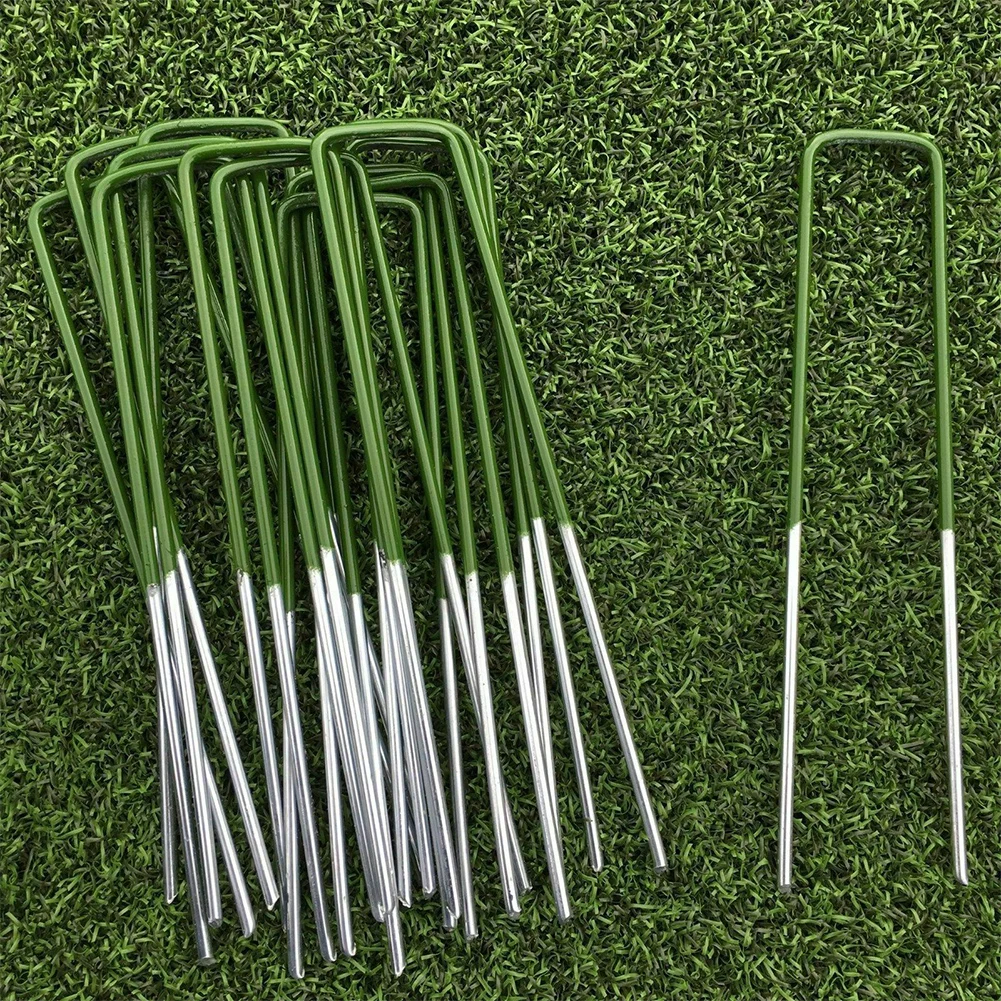 50Pcs/Set Half Green Artificial Grass Turf U Pins Metal  Galvanised Pegs Weed 