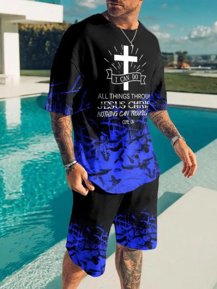 Summer Tracksuit Set Vintage Letter Symbol T-shirt Shorts Suit Cross Jesus 3D Printed Oversized Casual  Clothes 2 Pieces Men