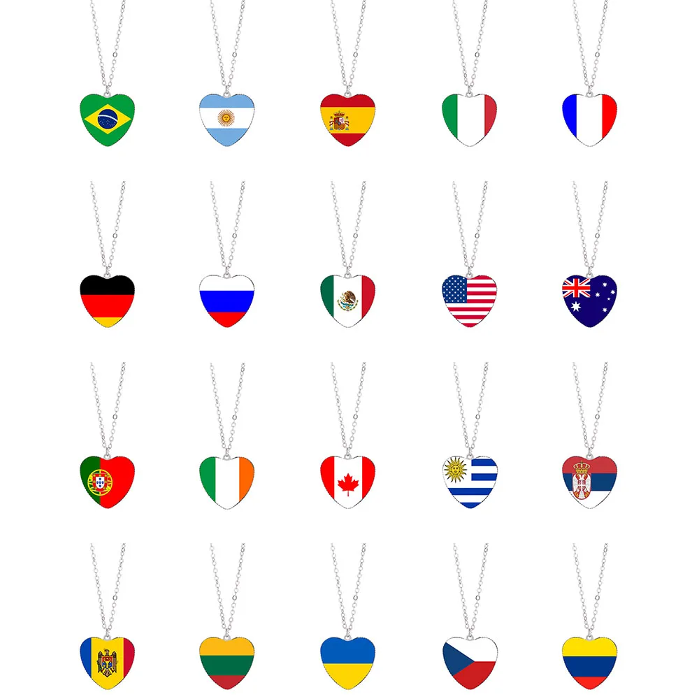 

Brazil Italy France Spain Serbia Lithuania Flag Metal Heart Pendant Necklace For Men Women Glass Cabochon Necklace Chain Jewelry