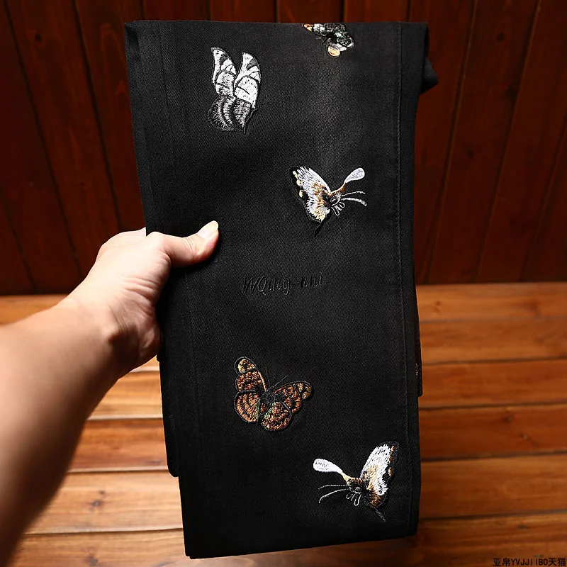 Black Jeans Men's Fashion Embroidery Flower Skinny Tappered Pants Stretch Fashion Casual Street Party Trendy Trousers