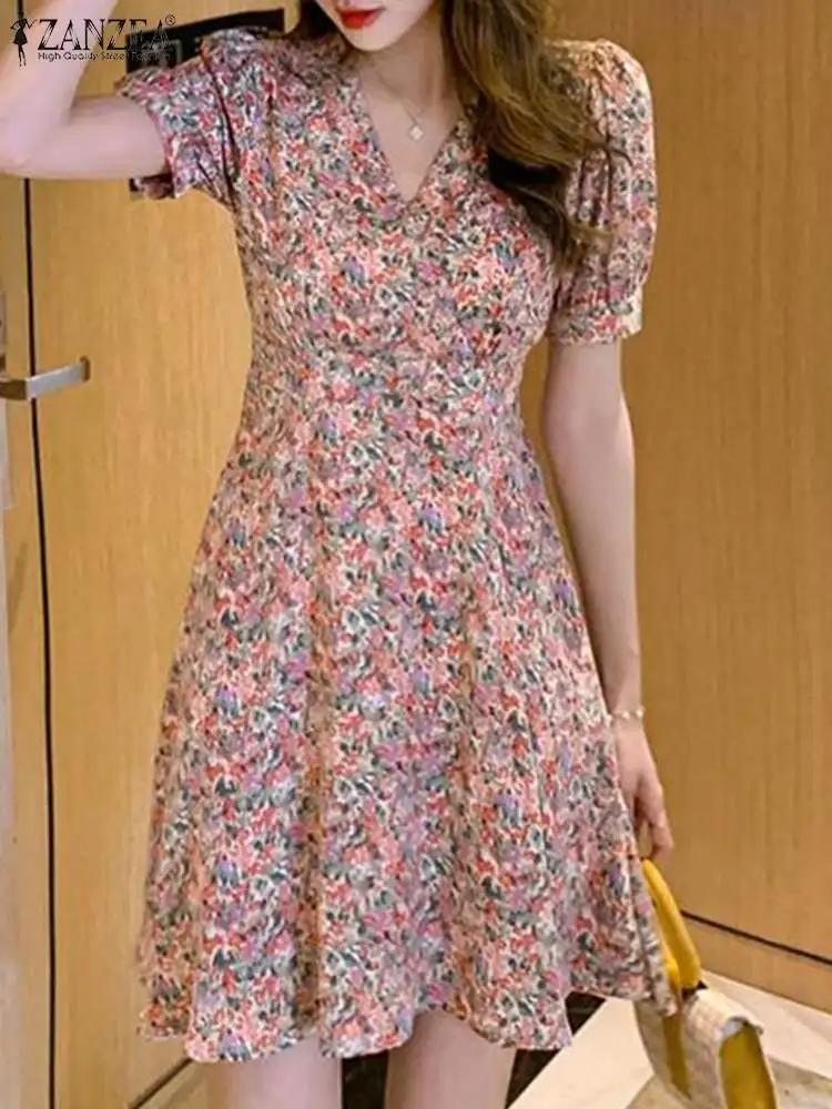 

ZANZEA Vintage Short Sleeve Mini Robe Bohemian Floral Print Dress Women Fashion V-neck Short Sundress Casual Waisted Belted Robe