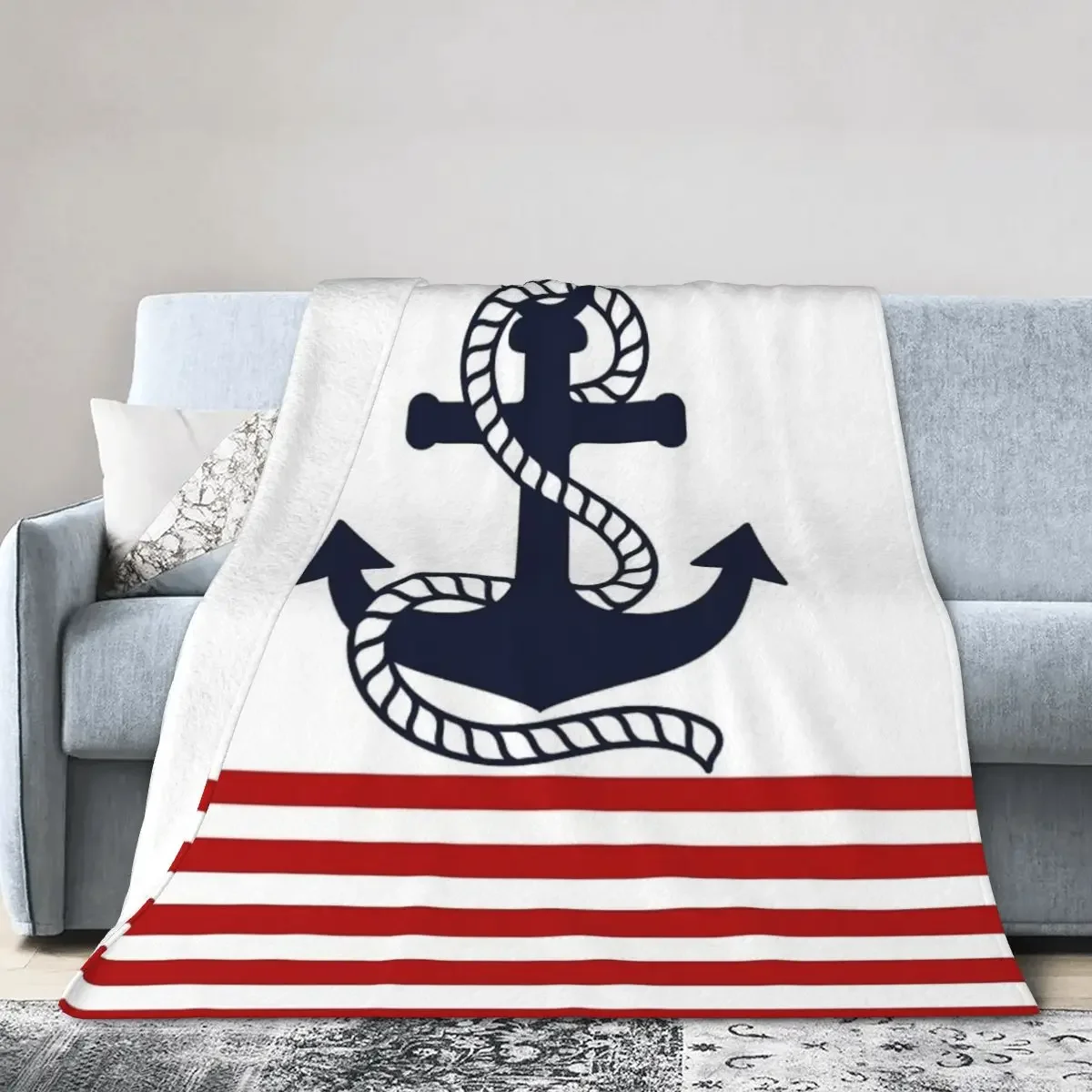 

Flannel Throw Blanket Nautical Navy Blue Anchor Blankets Soft Bedding Warm Plush Blanket for Bed Living room Picnic Travel Home