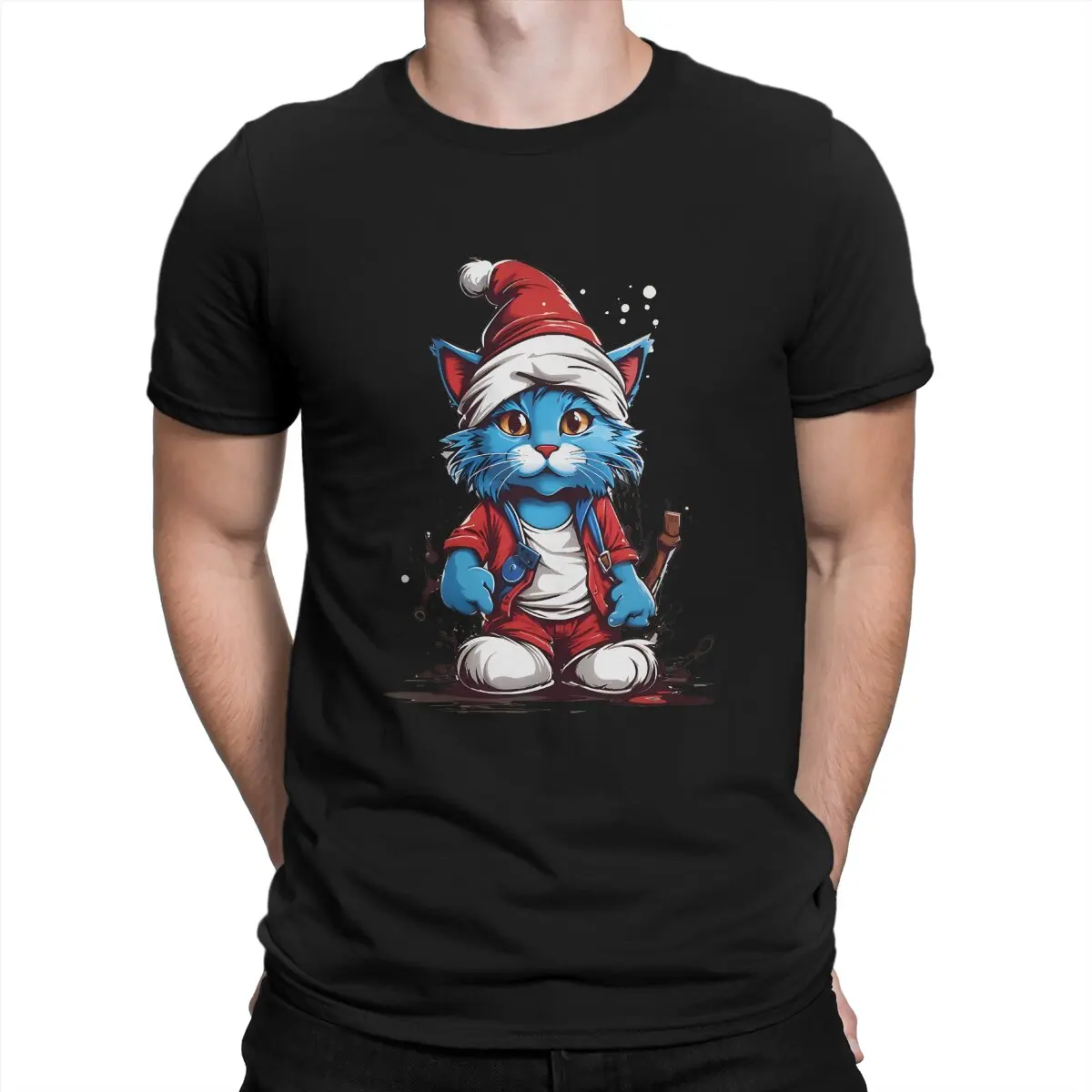 

Cat T Shirts Men's Cotton Casual T-Shirt Round Neck Blue Cat Elf Tee Shirt Short Sleeve Tops Birthday Present