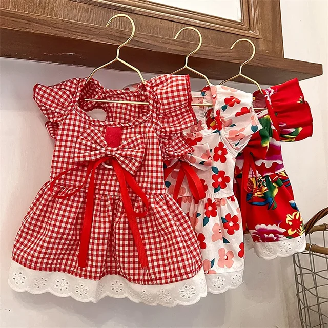 Pet Clothes Flutter Sleeve Three-color Dress Spring Summer Teddy Bear Corgi Puppy Cat Apparel 2