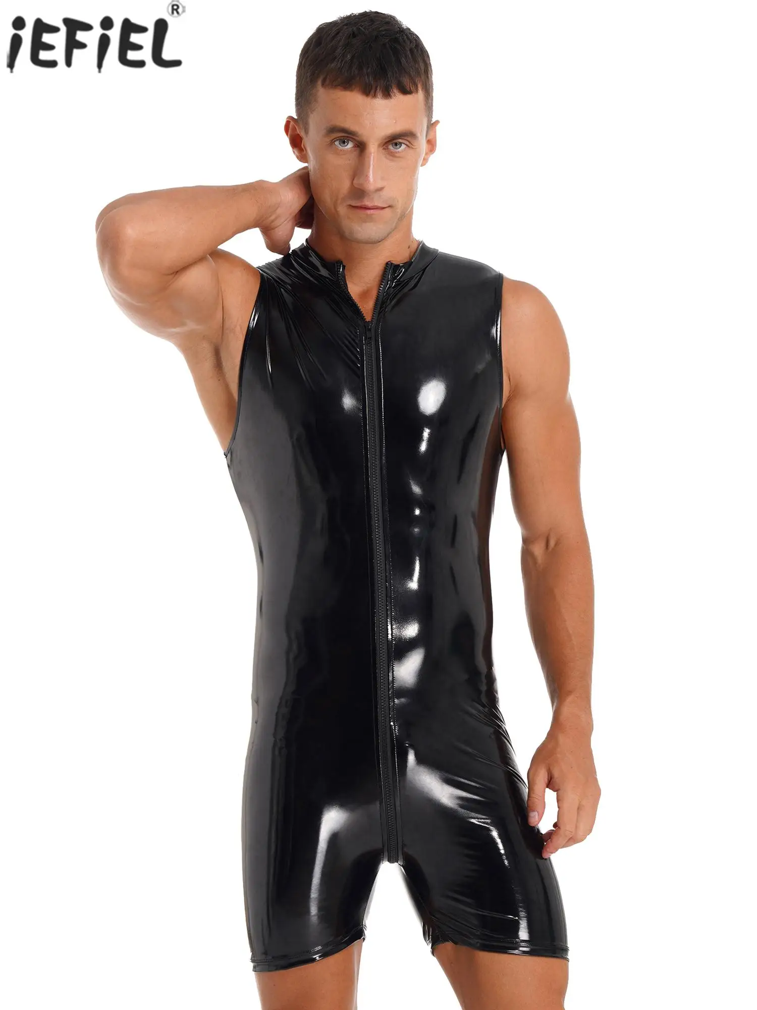 

Sexy Mens Patent Leather Jumpsuits Clubwear Soild Color Glossy Sleeveless Stand Collar Zipper Bodysuit Pole Dancing Rave Party