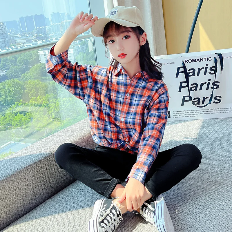 십대 소녀 빨간 격자 무늬 블라우스, 긴 소매 용수철, 가을 루즈 셔츠, 어린이 패션 스트리트웨어