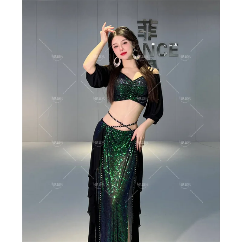 

Belly Dance Costume Set for Women Short Sleeves Top+split Long Skirt 2pcs Oriental Professional Set Belly Dancing Wear Outfit