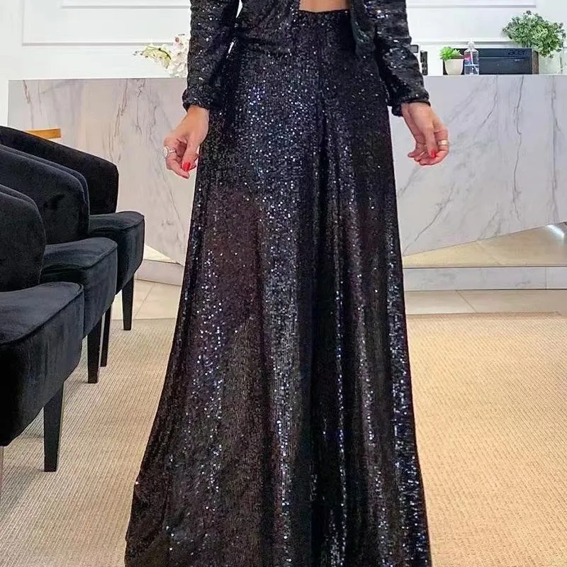 Wide Leg Pants Rompers Female Elegant Temperament Evening Jumpsuits Sequin Fashion Shirt Jumpsuit Women Party V-Neck Long Sleeve