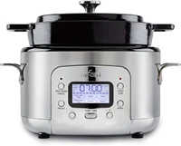5 Quart 7-in-1 Electric Slow Cooker with Stainless Steel and Cast Iron, 1200W - Black Enamel Crock 1