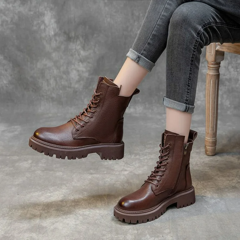 

Genuine Leather Shoes Women Boots Zip Round Toe Flat with Handmade Concise Leisure Sewing Platform Boots