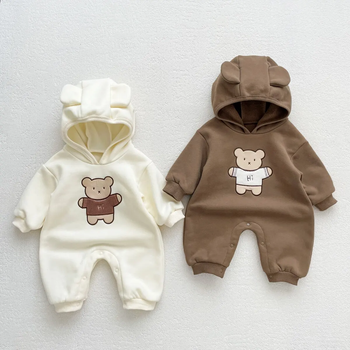 Baby Clothes Bear Hooded Jumpsuit Winter Warm Thick Long Sleeved for Boys Girls 0-24 Months Old