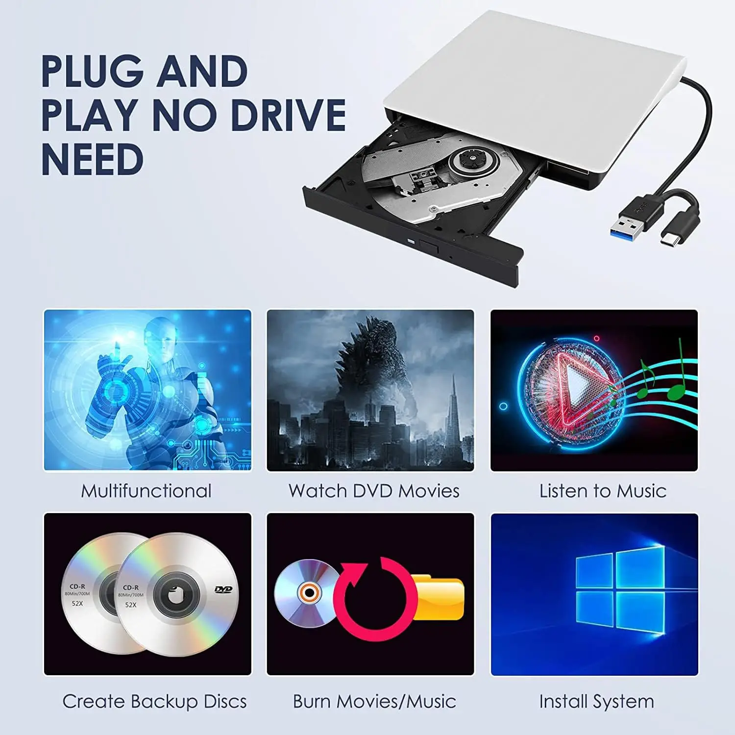 DVD Drive USB3.0 Type-c External CD RW Burner Portable Player Reader For Laptop PC Windows11 10 Mac Linux OS