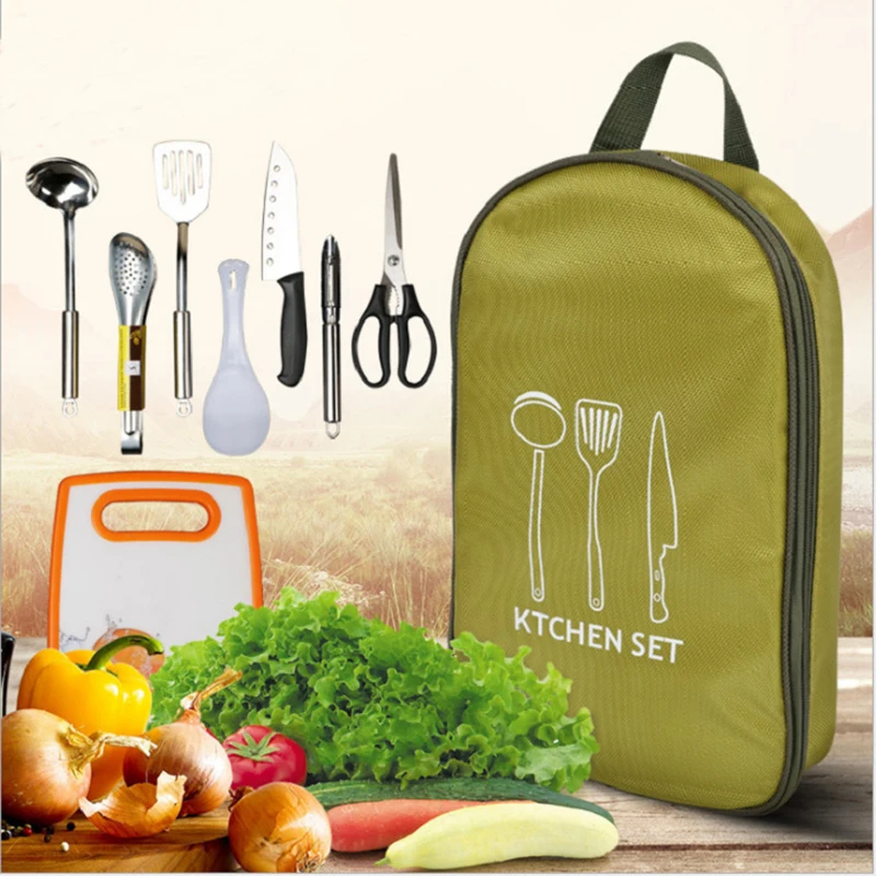 

Cookware Set Picnic Kitchenware Portable Stainless Steel Storage Handbag Picnic Bag Soup Spoon Eight-Piece Set Outdoor Products