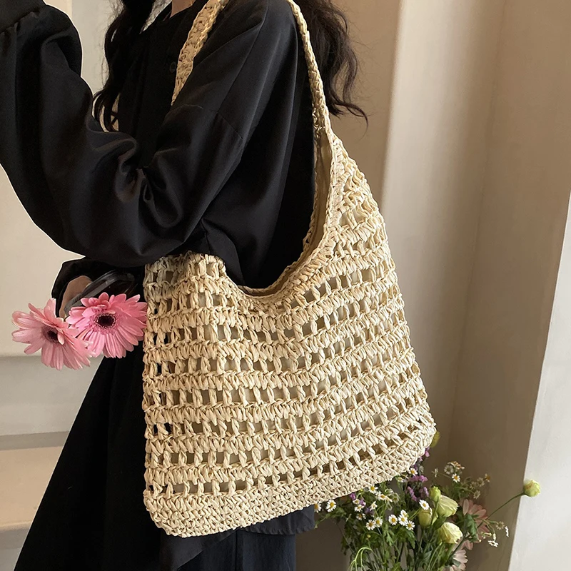 Bolso De Paja Tejido A Mano Para Mujer | Capacidad Grande, Cremallera, Ideal Para Playa Y Viajes