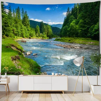 Paysage naturel de tapisserie de montagne et de rivière, tenture murale de cascade de jungle, adaptée à la décoration de la maison, du bureau et du dortoir 1