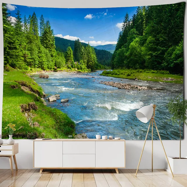 Paysage naturel de tapisserie de montagne et de rivière, tenture murale de cascade de jungle, adaptée à la décoration de la maison, du bureau et du dortoir 1