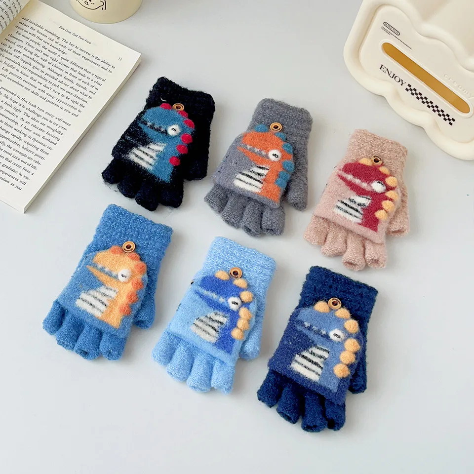 

Cute Knitted Baby Woolen Gloves Children Winter Warmth Cold Protection Kindergarten Gloves Cartoon Dinosaur Boy Girl Flip Mitten