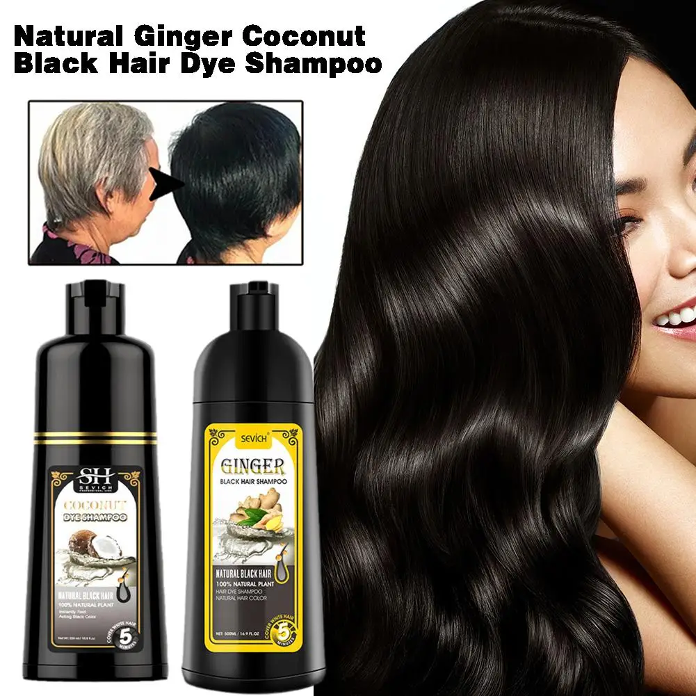 500ml Natural Ginger Coconut Black Hair Dye Shampoo For Coloring Gray Hair Fast Dyeing Black Long Lasting Permanent Hair Co W5F1