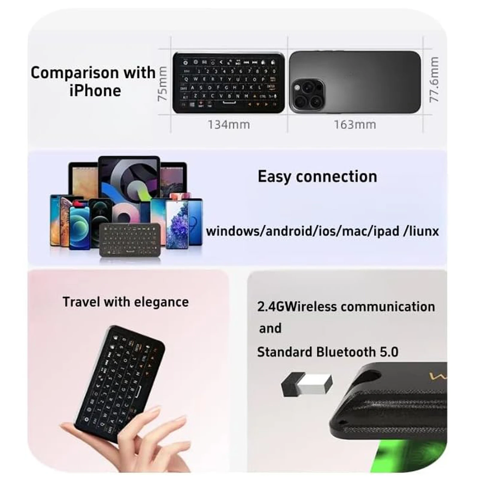 ? 블루투스 5.0/2.4G 듀얼 모드, 자이로스코픽 모션 마우스, 64키, RGB 백라이트 옵션, 안드로이드용 타입-C를 갖춘 미니 키보드