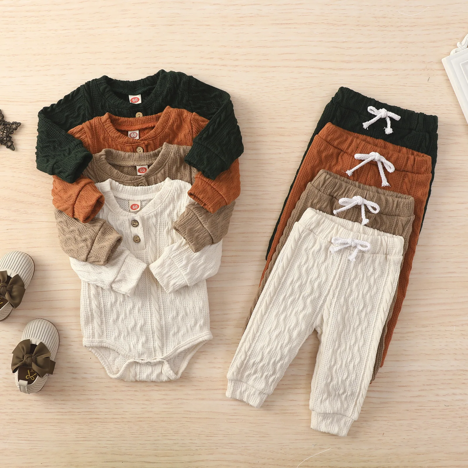 

2023 Winter Children Sets Knitted Long Sleeve O Neck Brown Beige 2 Pcs Roupa Infantil Menina Clothes Sets 0-2T