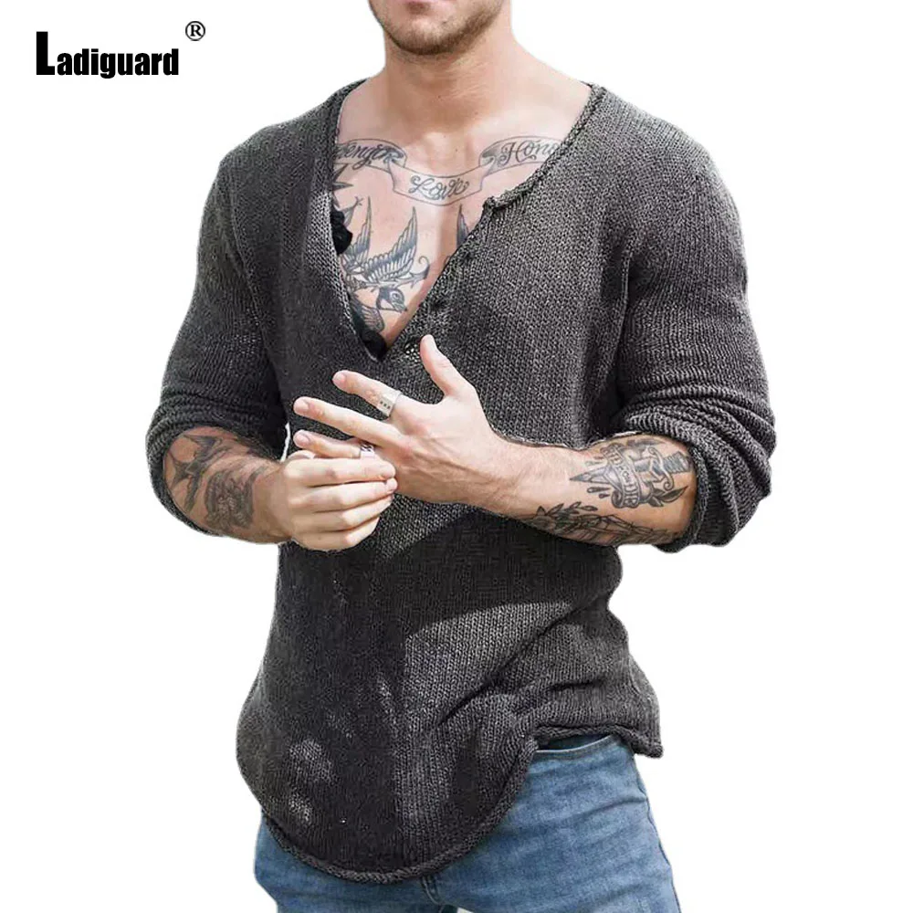 

Ladiguard Men Latest Solid Basic Tops Mens Streetwear 2023 Europe Simple Knitted Pullovers Mens Long Sleeve Casual V Neck Tshirt